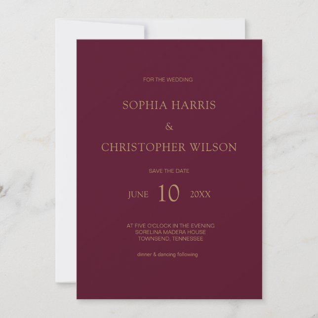 Simple Modern Stylish Burgundy Gold Wedding Invitation (Front)