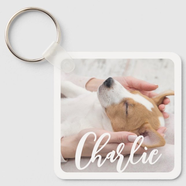 Simple Modern Stylish Dog Name 2 Photo Key Ring (Front)