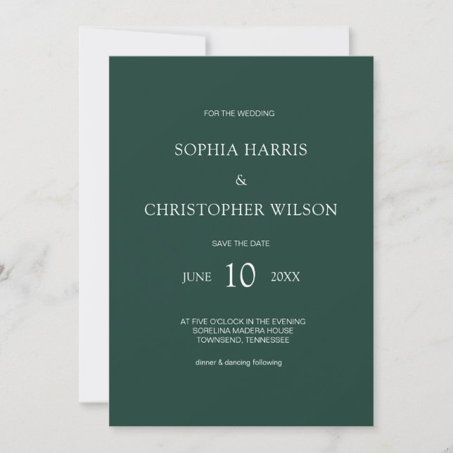 Simple Modern Stylish Emerald Green Wedding Invitation (Front)