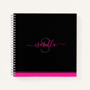 Simple Modern Stylish Monogrammed Hot Pink Black Notebook