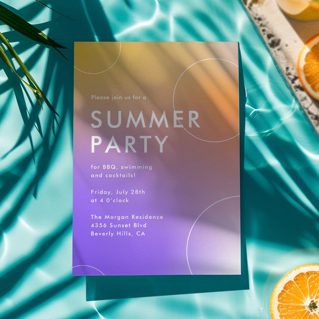 Simple Modern Summer Cocktail Party (Purple) Invitation (bright, modern and colourful summer party invitation with purple to orange gradient. )