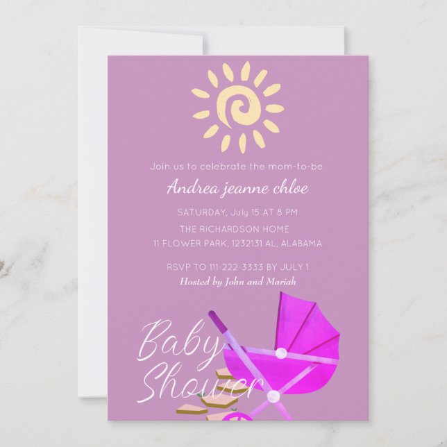 Simple Modern Sunshine pink stroller Baby Shower Invitation (Front)