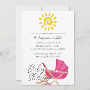 Simple Modern Sunshine pink stroller Baby Shower Invitation