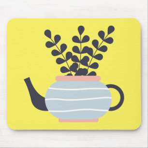 Simple modern teapot with plant pastel mouse pad