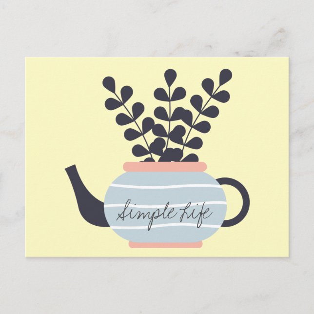 Simple modern teapot with plant pastel postcard (Front)