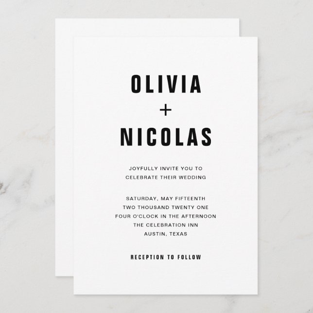 Simple Modern Text | Black and White Wedding Invitation (Front/Back)