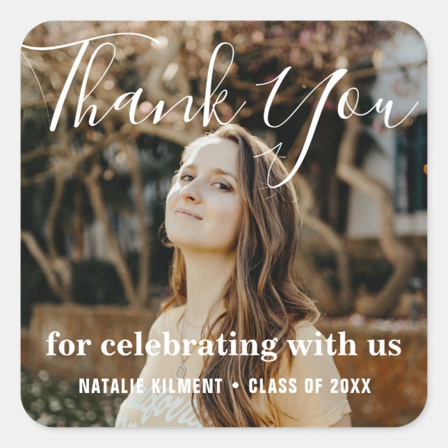 Simple Modern Thank You Photo Graduation Square Sticker (Front)