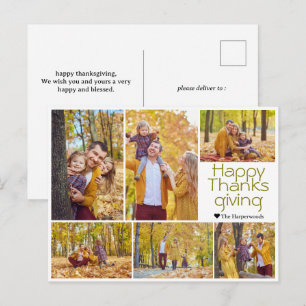 Simple Modern thanksgiving family photo collage Holiday Postcard