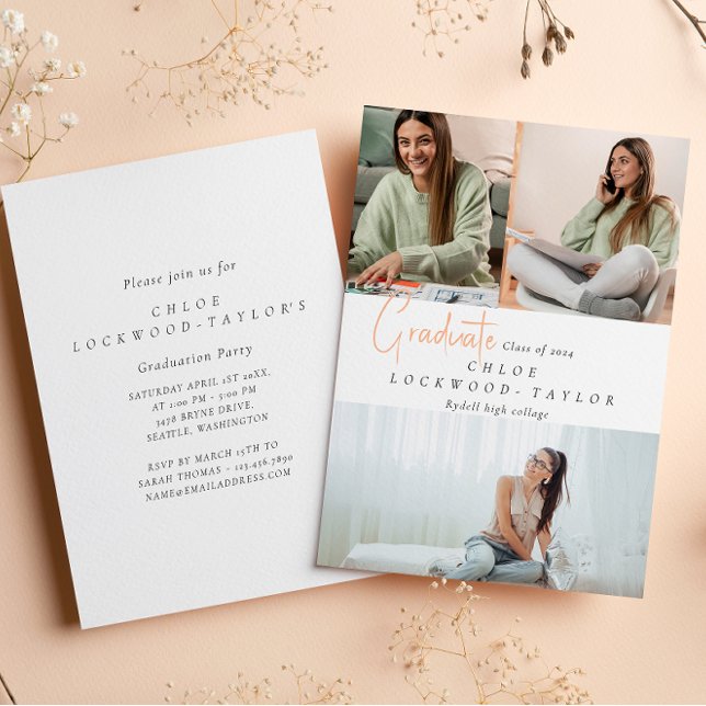 Simple modern three photo peach graduation  invitation (Creator Uploaded)