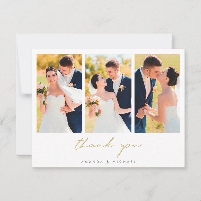 Simple Modern Three Photo Wedding Thank You Card (Front)