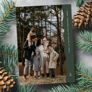 Simple modern two photo wavy edge green Christmas Holiday Card