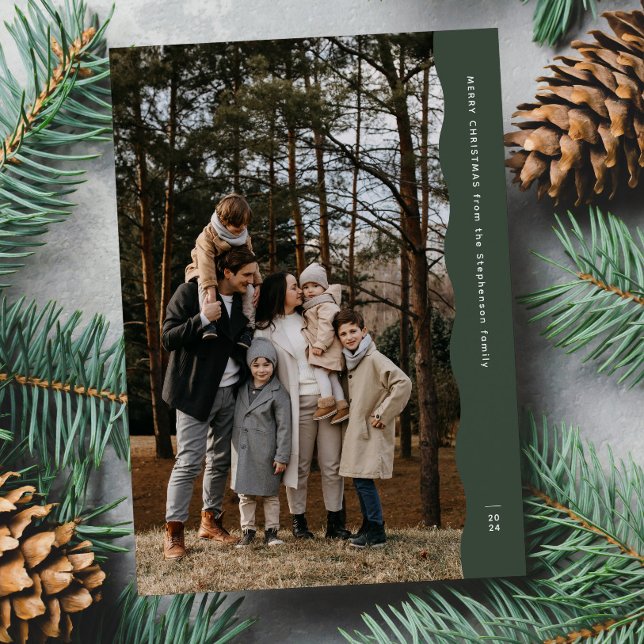 Simple modern two photo wavy edge green Christmas Holiday Card (Creator Uploaded)