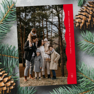 Simple modern two-photo wavy edge red Christmas Holiday Card