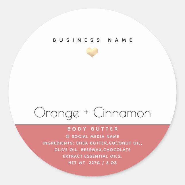 Simple modern  typography gold heart Body butter   Classic Round Sticker (Front)