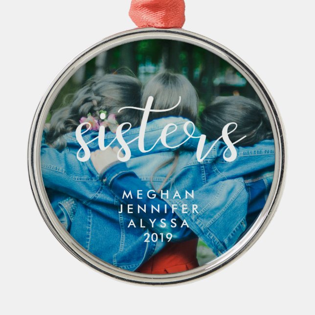 Simple Modern Typography Sisters with Photo Metal Tree Decoration (Front)