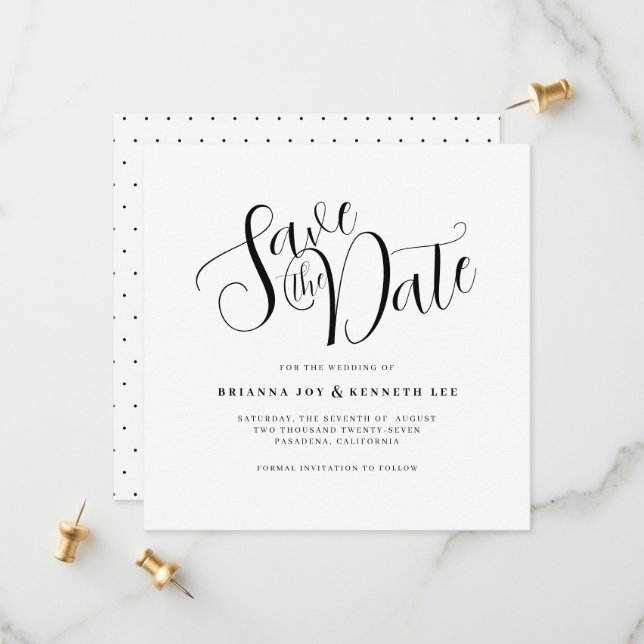 Simple Modern Typography White and Black Dot Save The Date (Front/Back In Situ)