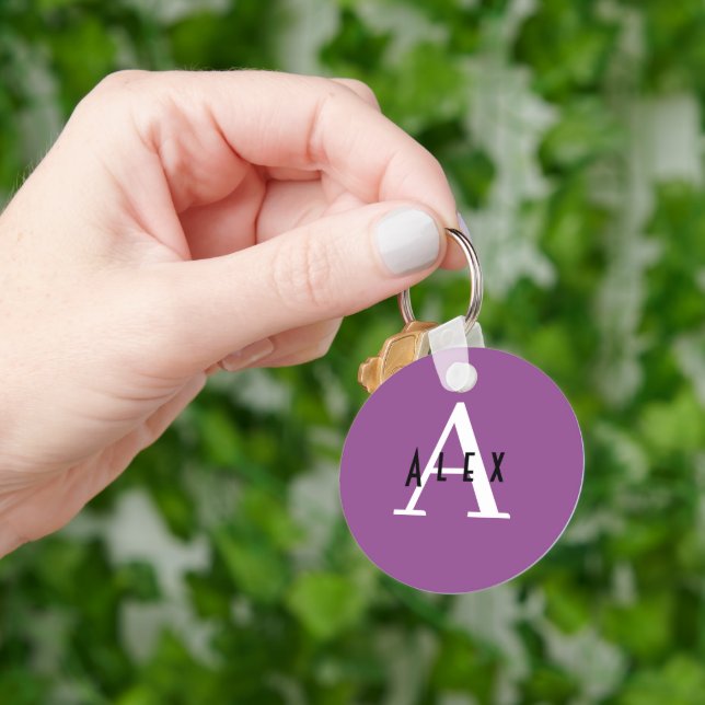 Simple Modern Violet Purple Monogram Name Initial Key Ring (Hand)