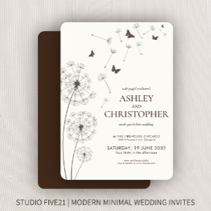 Simple Modern Walnut Brown Dandelion Wedding Invitation