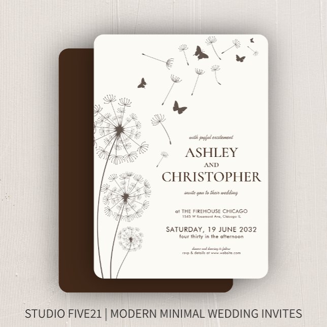 Simple Modern Walnut Brown Dandelion Wedding Invitation (Creator Uploaded)
