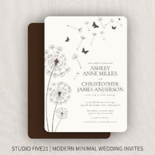 Simple Modern Walnut Brown Dandelion Wedding Invitation