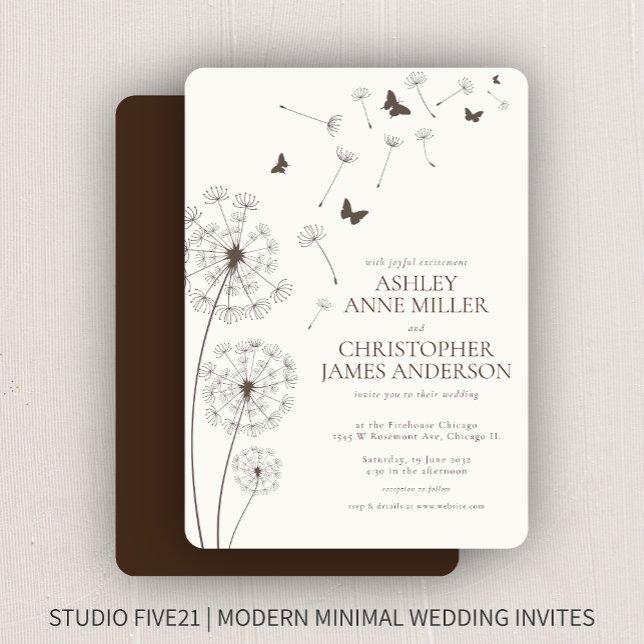 Simple Modern Walnut Brown Dandelion Wedding Invitation (Creator Uploaded)