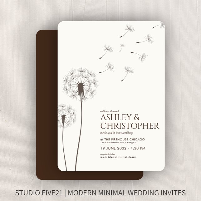Simple Modern Walnut Brown Dandelion Wedding Invitation (Creator Uploaded)