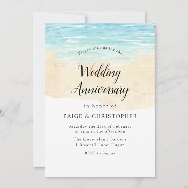 Simple Modern Watercolor Beach Wedding Anniversary Invitation (Front)