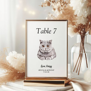 Simple Modern Watercolor Cat Wedding  Table Number