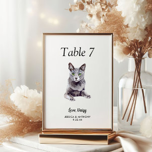 Simple Modern Watercolor Cat Wedding Table Number
