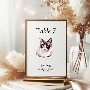 Simple Modern Watercolor Cat Wedding  Table Number