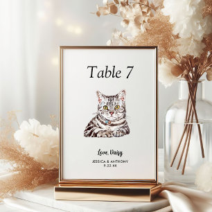 Simple Modern Watercolor Cat Wedding Table Number