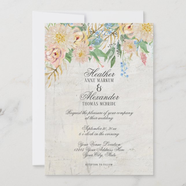 Simple Modern Watercolor Chinoiserie Floral Marble Invitation (Front)
