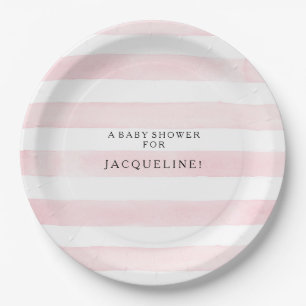 Simple Modern Watercolor Pink and White Stripes  Paper Plate