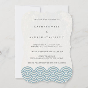 Simple Modern Waves Blue + White Beach Wedding Invitation