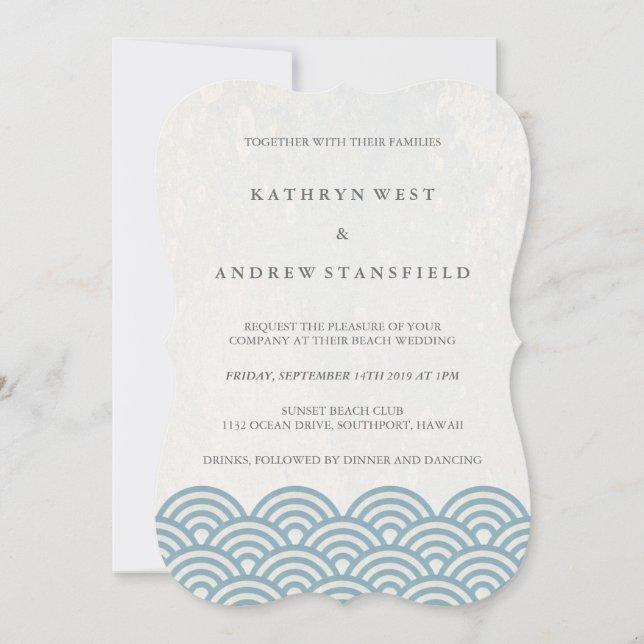 Simple Modern Waves Blue + White Beach Wedding Invitation (Front)