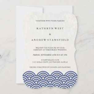 Simple Modern Waves Blue + White Beach Wedding Invitation