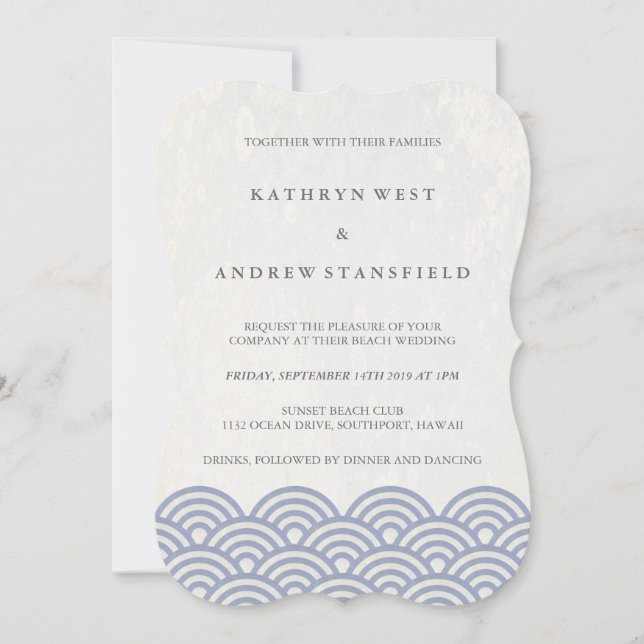 Simple Modern Waves Purple + White Beach Wedding Invitation (Front)