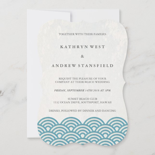 Simple Modern Waves Sea Blue/Green Beach Wedding Invitation (Front)