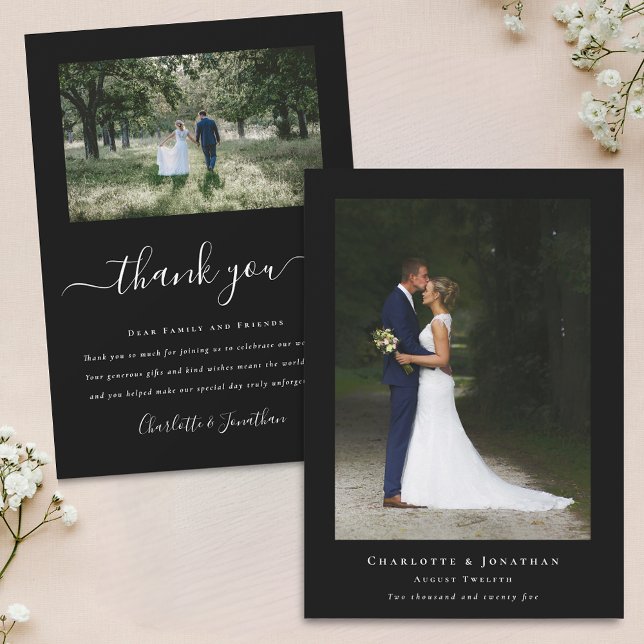 Simple Modern Wedding 2 Photo Black and White Thank You Card (Minimalist modern 2 photo wedding thank you black and white flat card elegant calligraphy script)