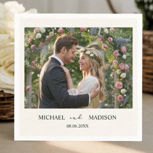 Simple Modern Wedding Custom Photo Names & Date Napkin