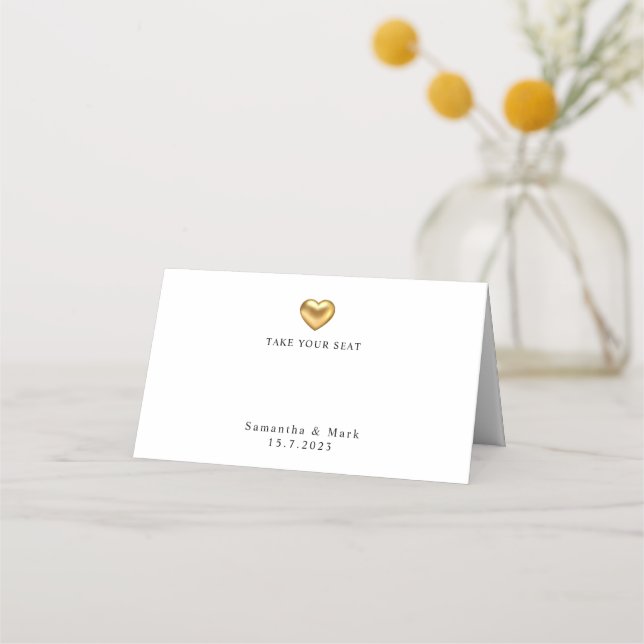 Simple Modern Wedding Gold Heart Folded Place Card (Front)