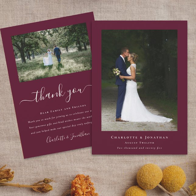 Simple Modern Wedding Photo Thank You Card (Simple modern photo wedding thank you card 2 photographs burgundy with ivory cream elegant script)