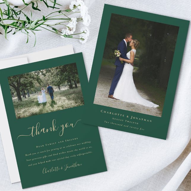 Simple Modern Wedding Photo Thank You Card (Simple modern wedding photo thank you card dark green Elegant script 2 photographs personalized )