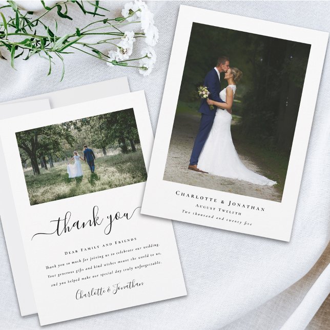 Simple Modern Wedding Photo Thank You Card (Simple modern wedding photo thank you card Elegant script 2 photos bride & groom message)