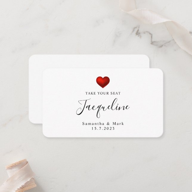 Simple Modern Wedding Red Heart Flat Place Card (Front/Back In Situ)