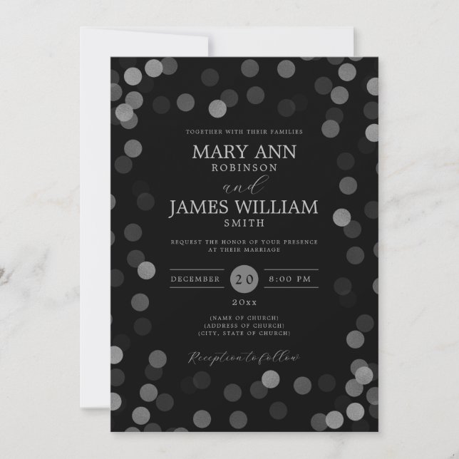 Simple Modern Wedding Silver Confetti Black  Invitation (Front)