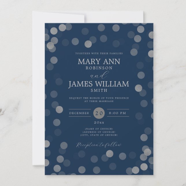 Simple Modern Wedding Silver Confetti Navy  Invitation (Front)