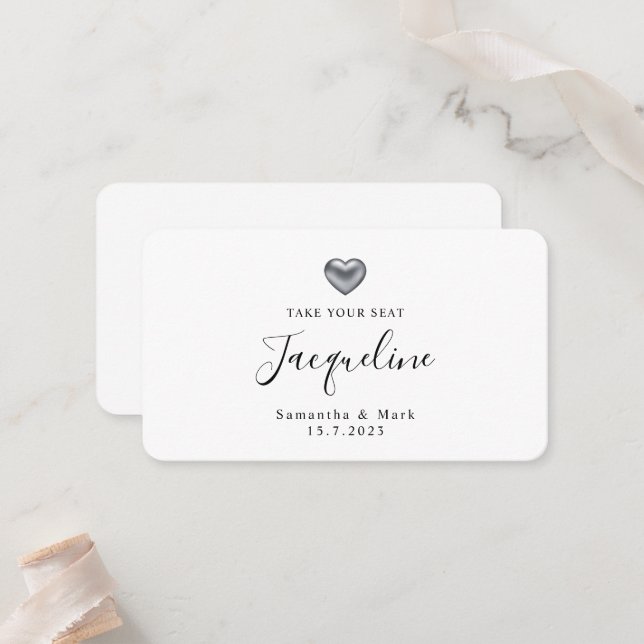 Simple Modern Wedding Silver Heart Flat Place Card (Front/Back In Situ)