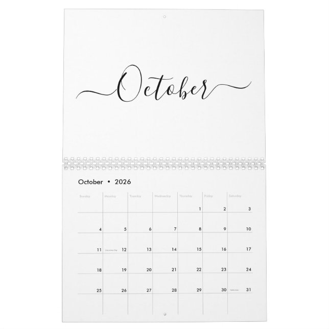Simple modern white and black script month custom calendar (Oct 2026)