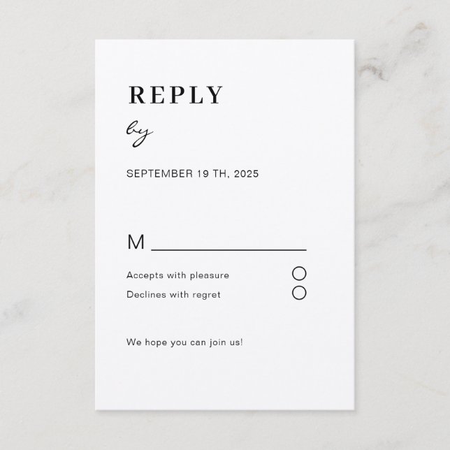Simple Modern White Black RSVP Accompanying Card (Front)